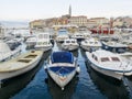 Boats anchered in Rovinj Marina and the Old Town with Basilica of St. Euphemia at the top 0902