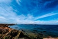 Boats anchored in the crystal clear waters of the island of Tabarca, in front of Santa Pola in the Spanish Mediterranean Royalty Free Stock Photo