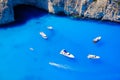 Boats anchored at sea in Greece near Zakynthos Island, Navagio B