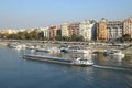 Boats anchoring on Danube bank in Budapest