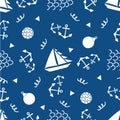 Boats, anchors, buoys vector seamless pattern background. Blue white backdrop with yachts, sailing equipment, scribbled