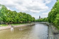 Boats on Aura river on sunny summer day