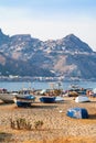 Boats on beach in old port in Giardini Naxos town