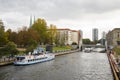 Boats in Berlin river, touristic trip with boats, white big boats in the city center