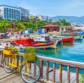 The boats and bicycle in Alanya port, Turkey Royalty Free Stock Photo