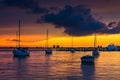 Boats in Biscayne Bay at sunset, seen from Miami Beach, Florida. Royalty Free Stock Photo