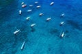 Boats In The Blue Lagoon. Aerial View Of Floating Boat On Transparent Turquoise Water At Sunny Day. Top View From Drone. Seascape