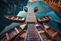 Boats on the Braies Lake Pragser Wildsee in Dolomites mounta Royalty Free Stock Photo