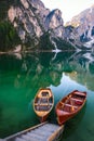 Boats on the Braies Lake Pragser Wildsee in Dolomites mounta Royalty Free Stock Photo