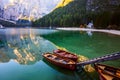 Boats on the Braies Lake Pragser Wildsee in Dolomites mounta Royalty Free Stock Photo