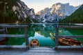 Boats on the Braies Lake Pragser Wildsee in Dolomites mounta Royalty Free Stock Photo