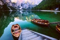 Boats on the Braies Lake Pragser Wildsee in Dolomites mounta Royalty Free Stock Photo