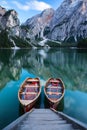 Boats on the Braies Lake Pragser Wildsee in Dolomites mounta