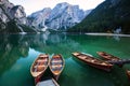 Boats on the Braies Lake Pragser Wildsee in Dolomites mounta Royalty Free Stock Photo