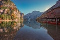 Boats on the Braies Lake  Pragser Wildsee  in Dolomites mountains, Sudtirol, Italy. Alps nature landscape Royalty Free Stock Photo