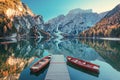 Boats on the Braies Lake  Pragser Wildsee  in Dolomites mountains, Sudtirol, Italy. Alps nature landscape Royalty Free Stock Photo