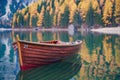 Boats on the Braies Lake  Pragser Wildsee  in Dolomites mountains, Sudtirol, Italy. Alps nature landscape Royalty Free Stock Photo