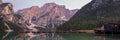 Boats on the Braies Lake Pragser Wildsee in Dolomites mountains, Sudtirol, Italy. Alps nature Royalty Free Stock Photo