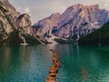 Boats on the Braies Lake Pragser Wildsee in Dolomites mountains, Sudtirol, Italy. Alps nature Royalty Free Stock Photo