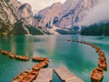 Boats on the Braies Lake Pragser Wildsee in Dolomites mountains, Sudtirol, Italy. Alps nature Royalty Free Stock Photo