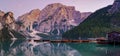 Boats on the Braies Lake Pragser Wildsee in Dolomites mountains, Sudtirol, Italy. Alps nature Royalty Free Stock Photo