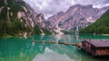 Boats on the Braies Lake Pragser Wildsee in Dolomites mountains, Sudtirol, Italy. Alps nature Royalty Free Stock Photo