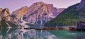 Boats on the Braies Lake Pragser Wildsee in Dolomites mountains, Sudtirol, Italy. Alps nature Royalty Free Stock Photo