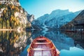 Boats on the Braies Lake ( Pragser Wildsee ) in Dolomites mountains, Sudtirol, Italy. Alps nature landscape Royalty Free Stock Photo