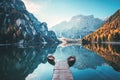 Boats on the Braies Lake  Pragser Wildsee  in Dolomites mountains, Sudtirol, Italy Royalty Free Stock Photo