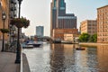 Boats and buildings along the Milwaukee River downtown Milwaukee, Wisconsin Royalty Free Stock Photo