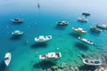 Boats in Cala Formentera, Balearic Islands, Spain, Boats from air. Aerial view on sea in Turkey. Summer seascape with clear water