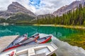 Boats on Dock at Lake O`Hara in the Canadian Rockies of Yoho National Park