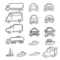 Boats and cars cartoon drawing icosns set