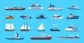 Boats. Cartoon nautical ships. Passenger or cargo vessels and warships. Side view of marine transport set. Brigantine Royalty Free Stock Photo