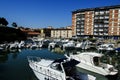 Boats in city channel in Livorno, Italy