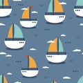 Boats, clouds, colorful marine seamless pattern. Decorative cute background