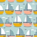 Boats, clouds, hand drawn colored decorative seamless pattern. Marine colorful background