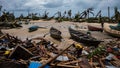 Boats and debris litter a beach after a devastating tropical storm caused widespread destruction Royalty Free Stock Photo
