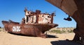 Boats in desert around Moynaq - Aral sea or Aral lake - Uzbekistan - asia