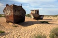 Boats in desert around Moynaq - Aral sea or Aral lake - Uzbekistan - asia