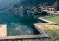 Boats dock on the mountain lake in Hallstatt, Austria