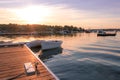 Boats and dock in the small harbor in Round Pond Maine on a summer morning