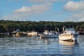 Boats and dock in the small harbor in Round Pond Maine on a summer morning