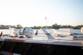 boats docked in a harbor at sunset on makassar sea Royalty Free Stock Photo