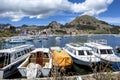 Boats docked in the harbour of Copacabana in Bolivia. Royalty Free Stock Photo