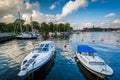 Boats docked at Kastellholmen, in Norrmalm, Stockholm, Sweden. Royalty Free Stock Photo