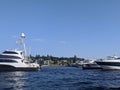 Boats docked on Lake Washington on a bright, sunny day Royalty Free Stock Photo