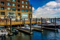 Boats docked at Rowes Wharf in Boston, Massachusetts.