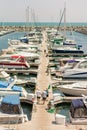 Boats docked at 31st Street Harbor in Chicago, Illinois, in the summer