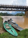 Boats docked in Sungai Galas in Kemubu village, Dabong, Kelantan, Malaysia. Royalty Free Stock Photo